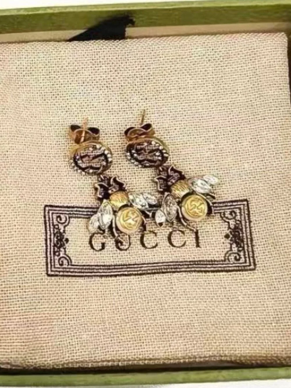 Gucci Vintage Bee Interlocking GG Crystal Drop Earrings